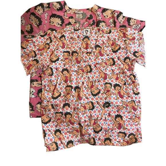 Lot of 2 Betty Boop, women’s pink nursing scrub tops, size medium - Picture 1 of 5